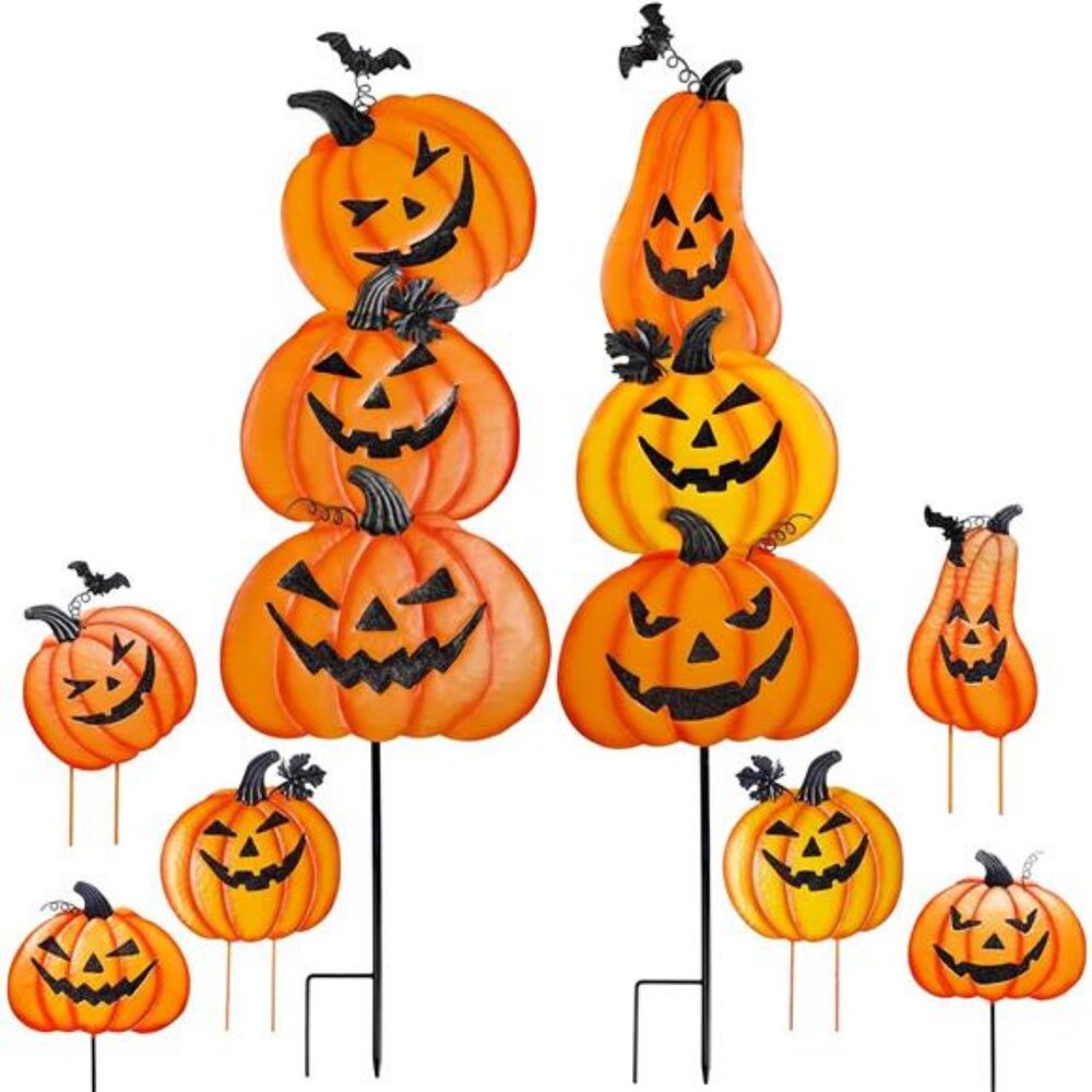 2 Pack Halloween Garden Stakes, Stacked Metal Pumpkins Jack-o-Lantern